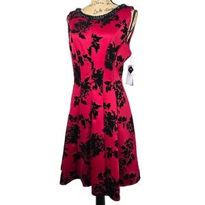 SD Collection Red Black Flocked Floral Beaded Neck Fit Flare Dress NWT Size 12